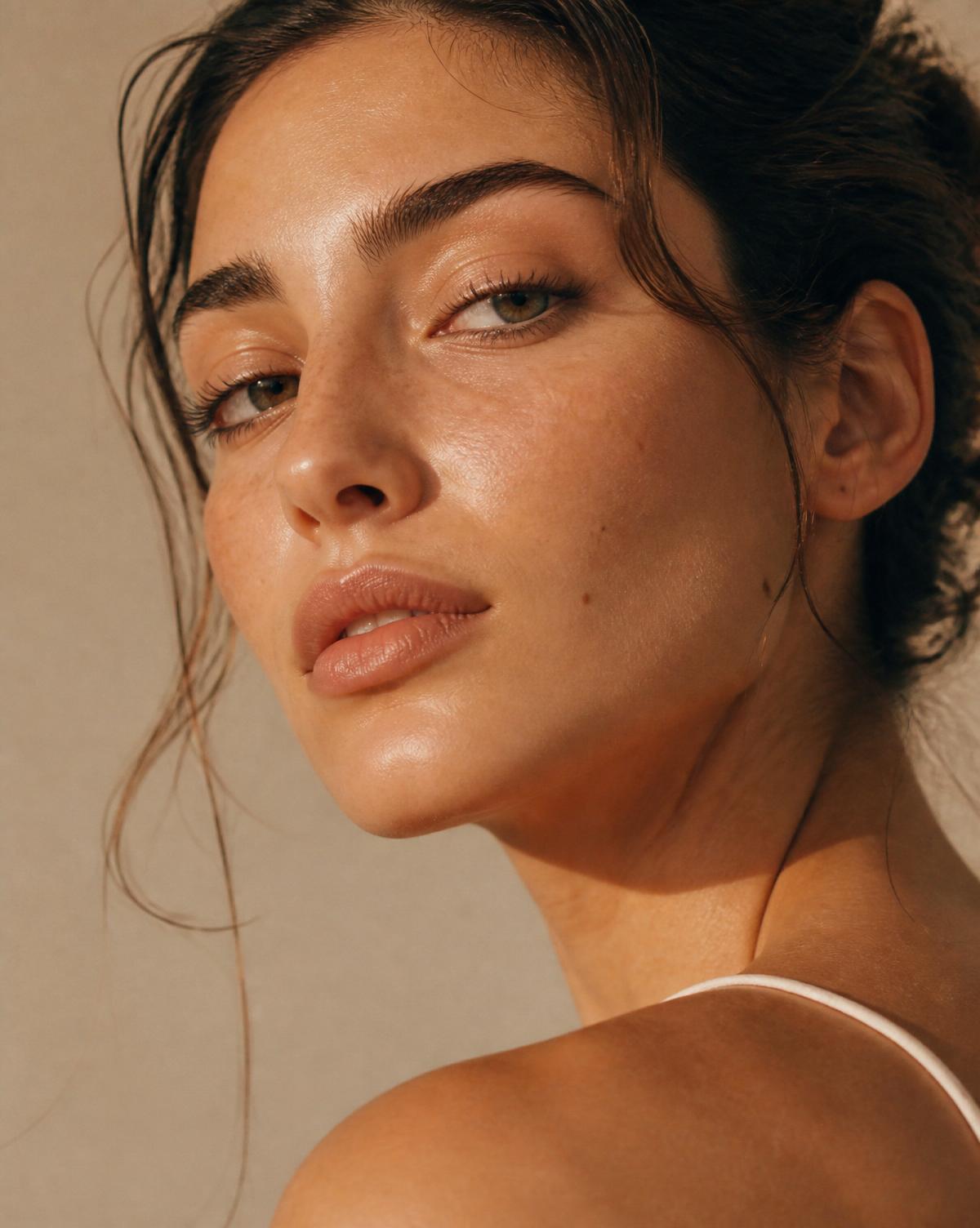 Editorial portrait of glowing, luminous skin